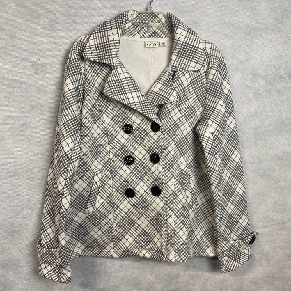 Cato Peacoat Jacket Button Up Plaid Medium Gray White Preppy Retro Mod 90s Y2K